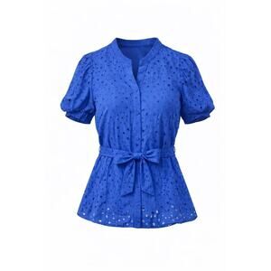 NWT CiciBird Eyelet Belted Button Down Short Sleeve Blouse Royal Blue Size S
